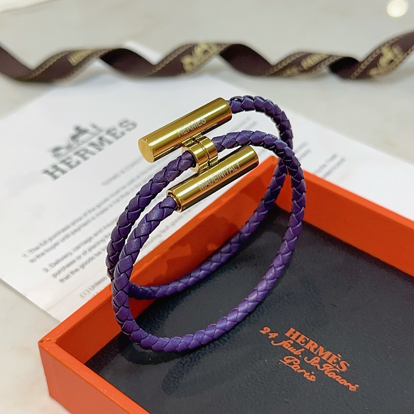 Hermes Tournis Tresse bracelet Purple braided leather gold-tone metal hardware 38cm