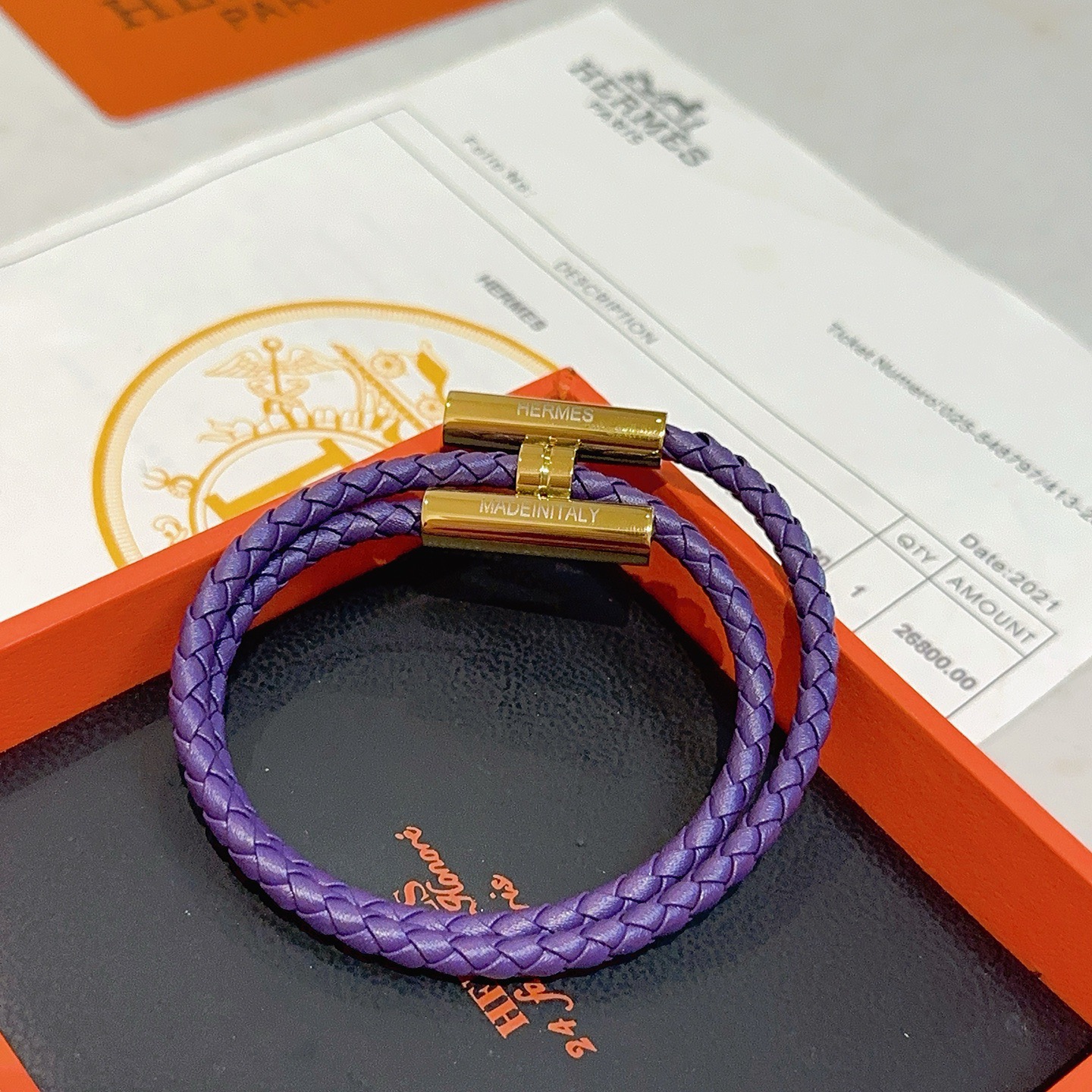 Hermes Tournis Tresse bracelet Purple braided leather gold-tone metal hardware 38cm