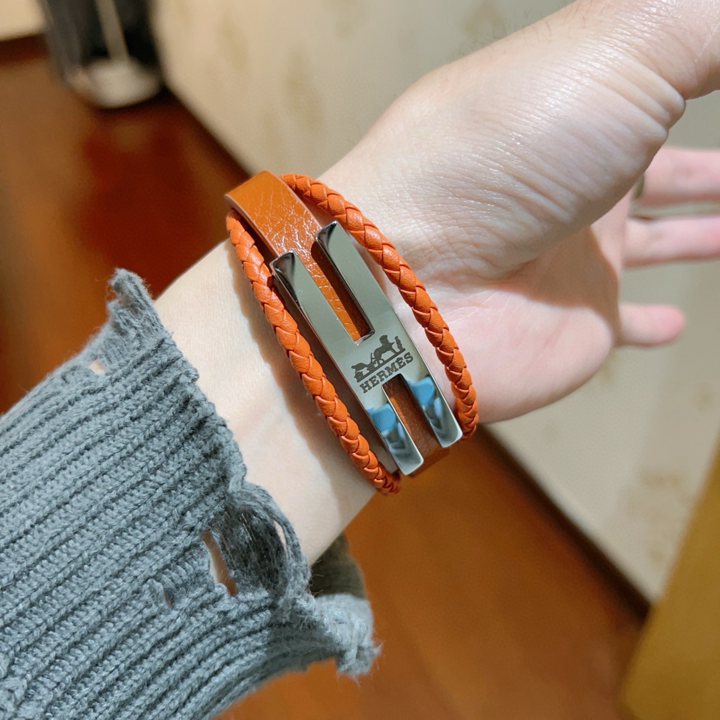 Hermes H Logo Pulseira de couro trançado Pulseira de couro laranja hardware de metal prateado 19 cm