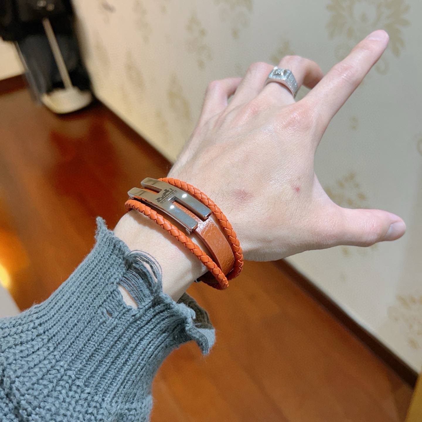 Hermes H Logo Pulseira de couro trançado Pulseira de couro laranja hardware de metal prateado 19 cm