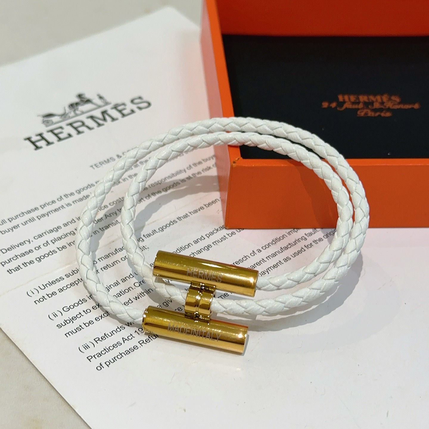 Hermes Tournis Tresse bracelet white braided leather gold plated metal hardware 38cm double wrap