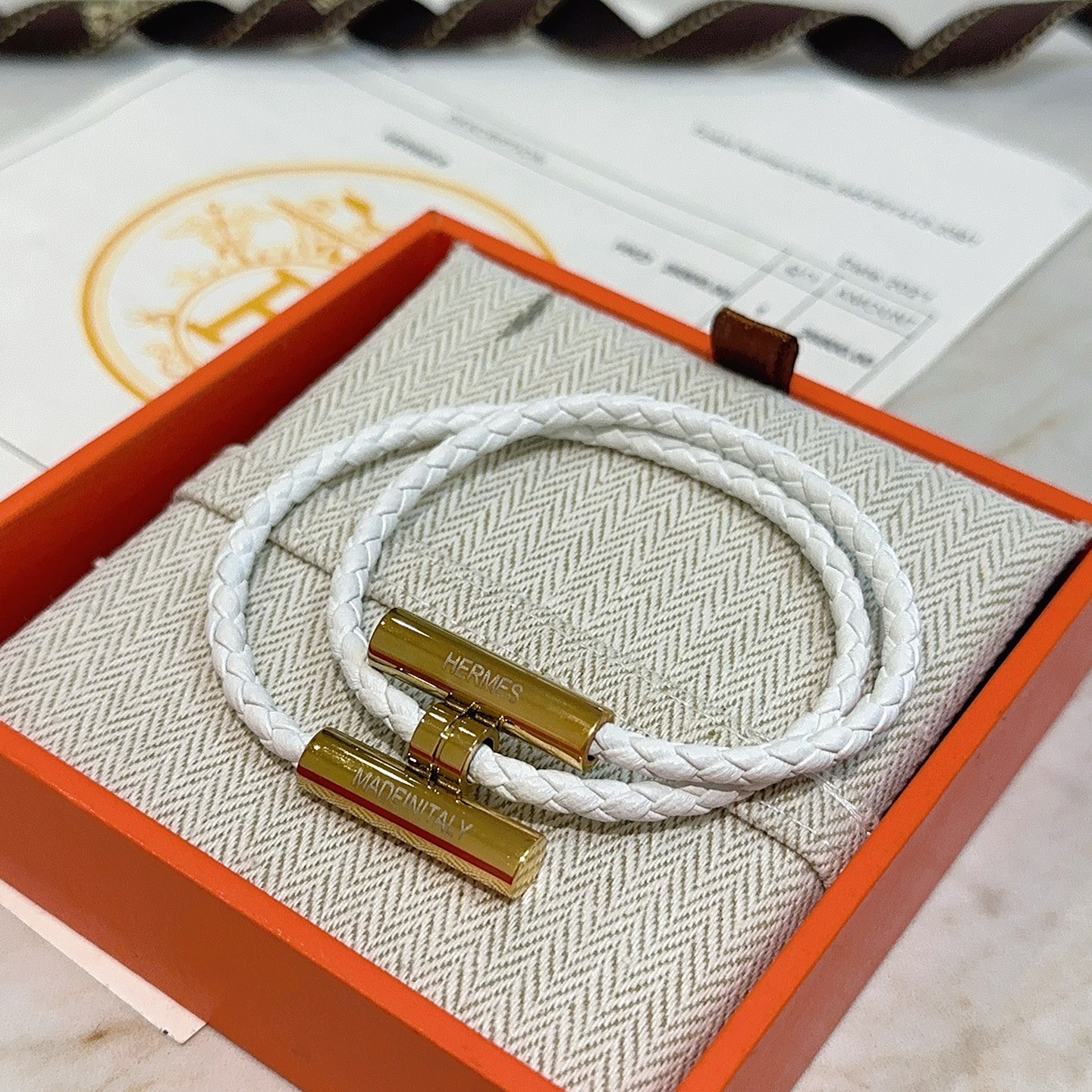 Hermes Tournis Tresse bracelet white braided leather gold plated metal hardware 38cm double wrap