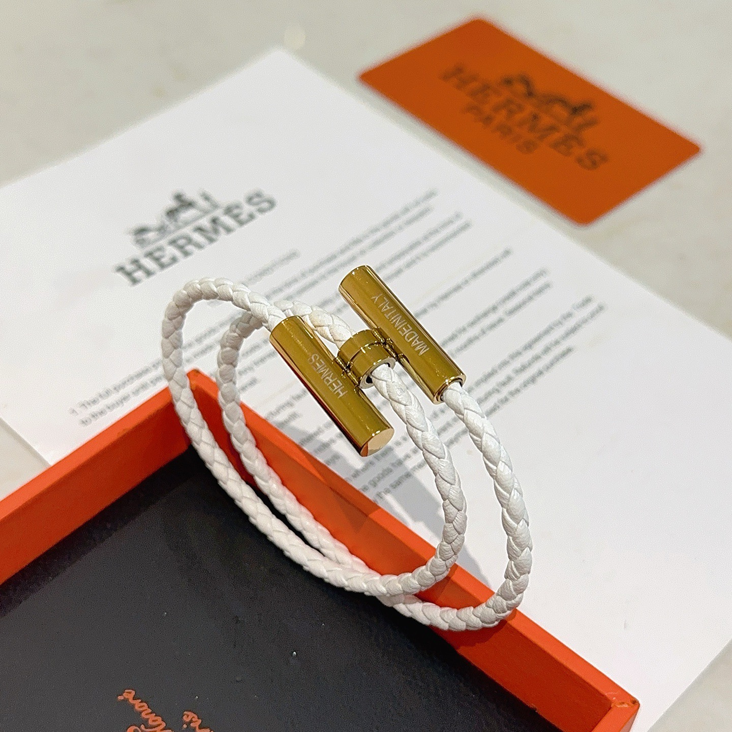Hermes Tournis Tresse bracelet white braided leather gold plated metal hardware 38cm double wrap