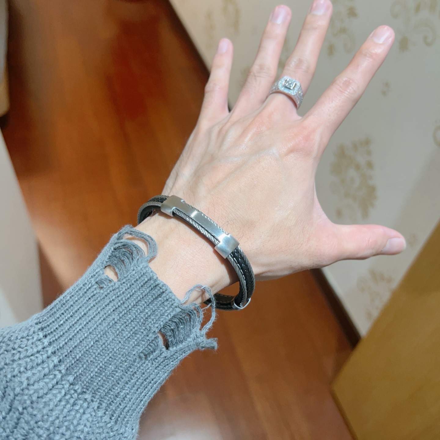 Hermes New Anger Forest bracelet Silver-toned metal with black braided leather 19cm