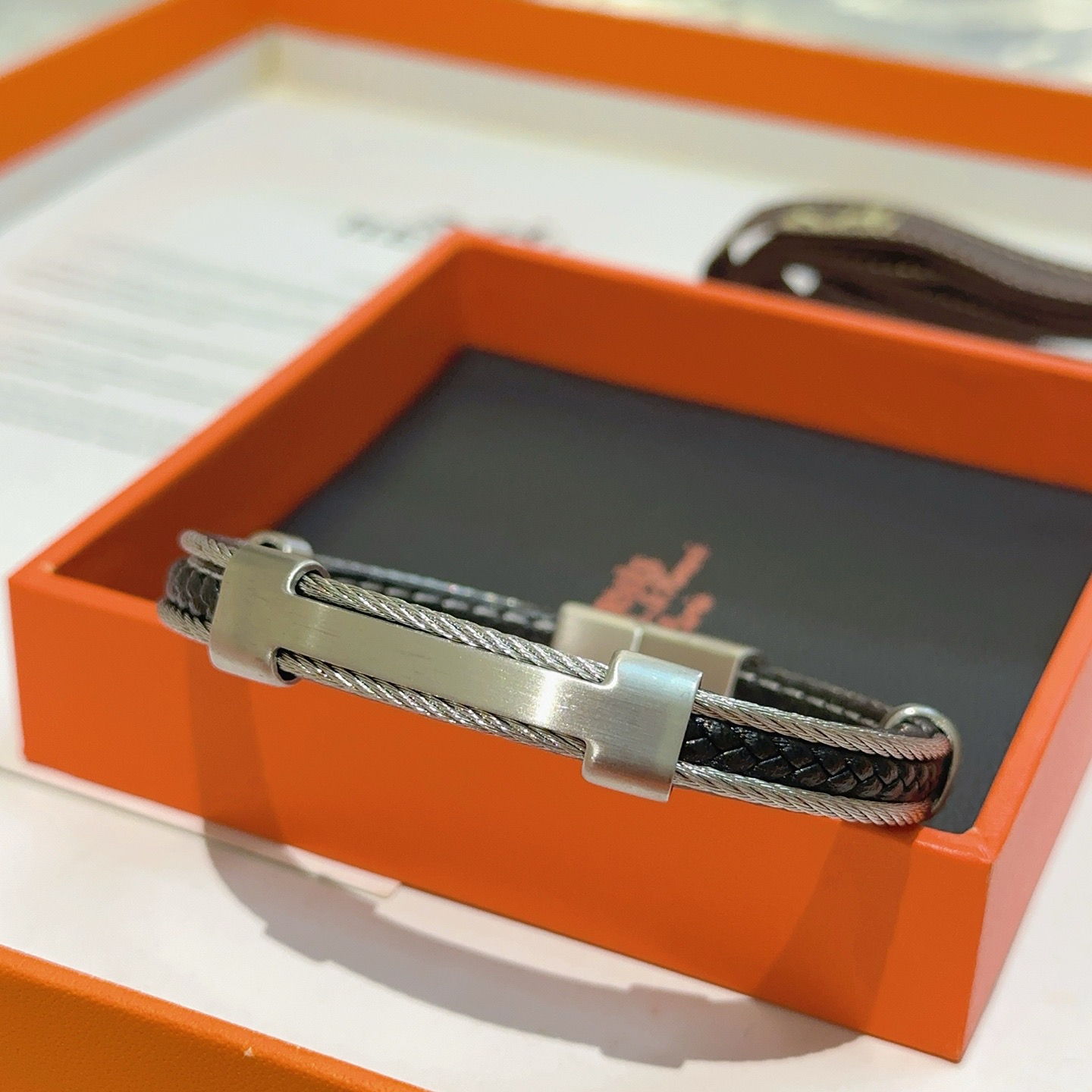 Hermes New Anger Forest bracelet Silver-toned metal with black braided leather 19cm