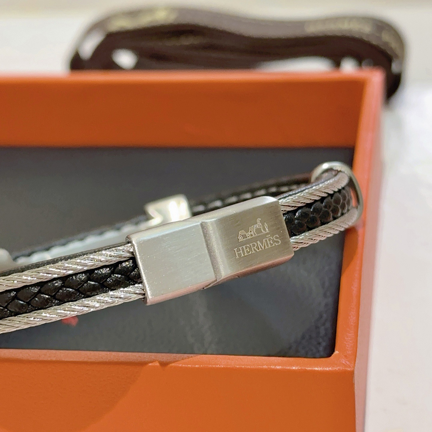 Hermes New Anger Forest bracelet Silver-toned metal with black braided leather 19cm