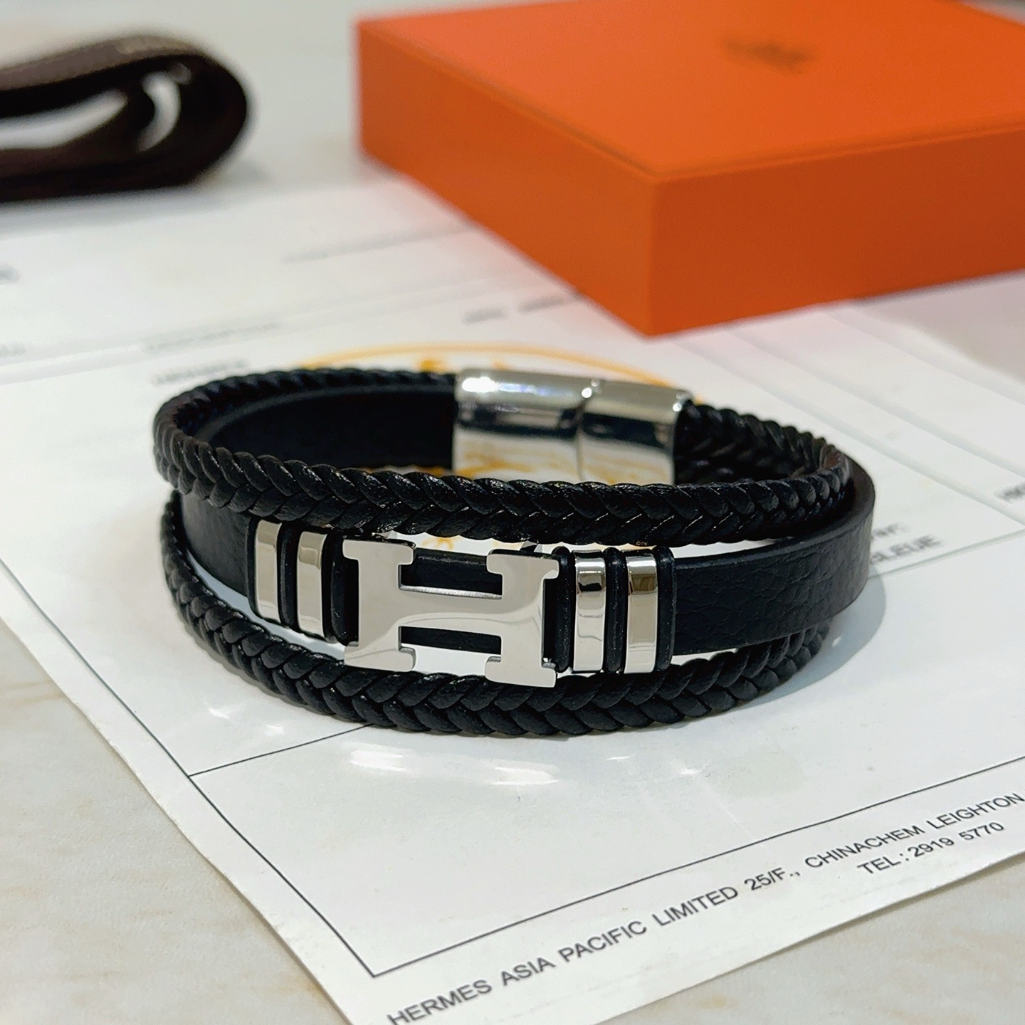 Hermes New Anger Forest H Logo Braided Leather Bracelet bracelet Black braided leather silver-tone palladium plated metal hardware 19cm