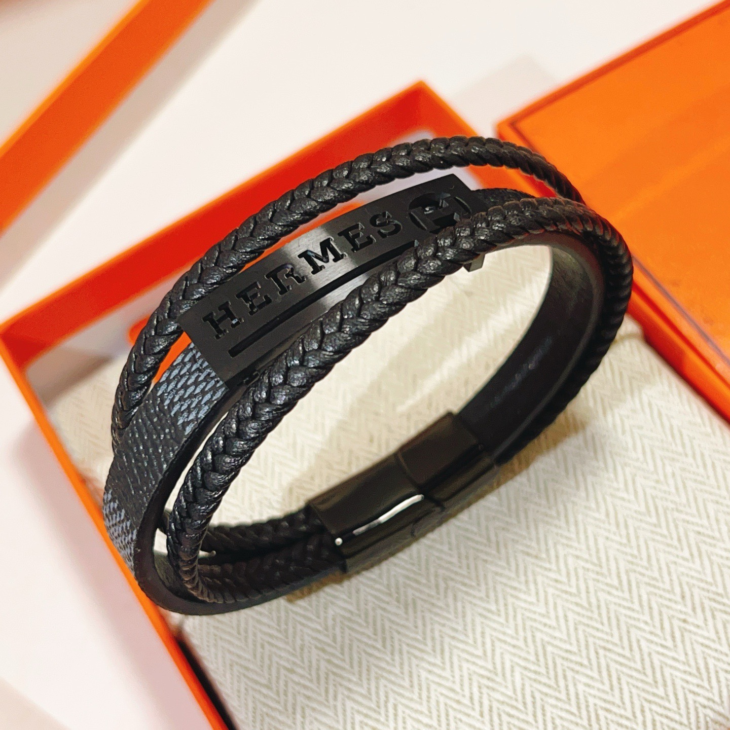 Hermes H Plaque Braided Leather Bracelet bracelet Black leather with black matte metal hardware 19cm