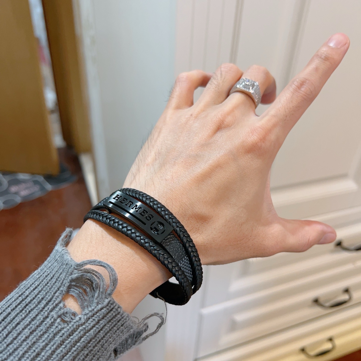 Hermes H Plaque Braided Leather Bracelet bracelet Black leather with black matte metal hardware 19cm
