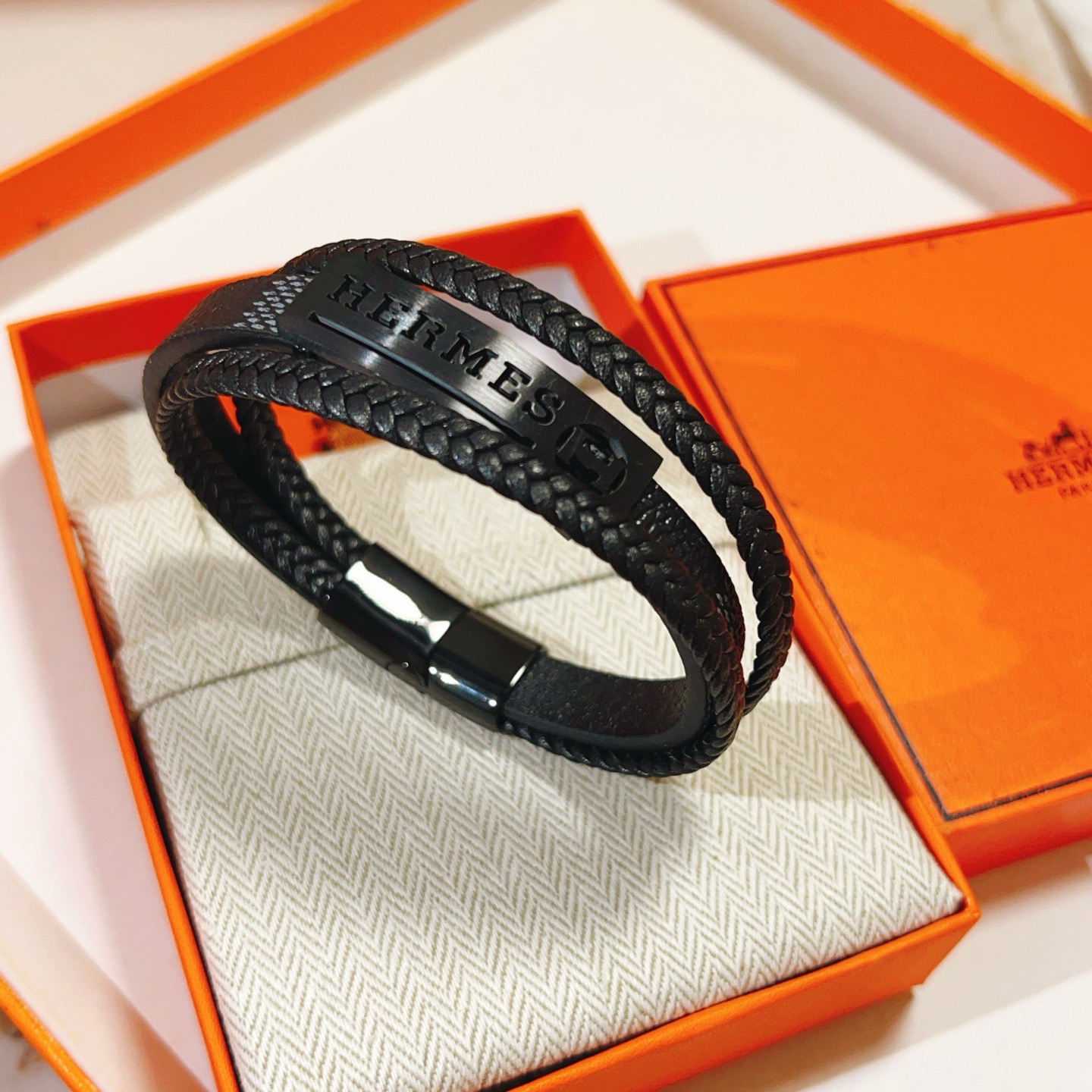 Hermes H Plaque Braided Leather Bracelet bracelet Black leather with black matte metal hardware 19cm