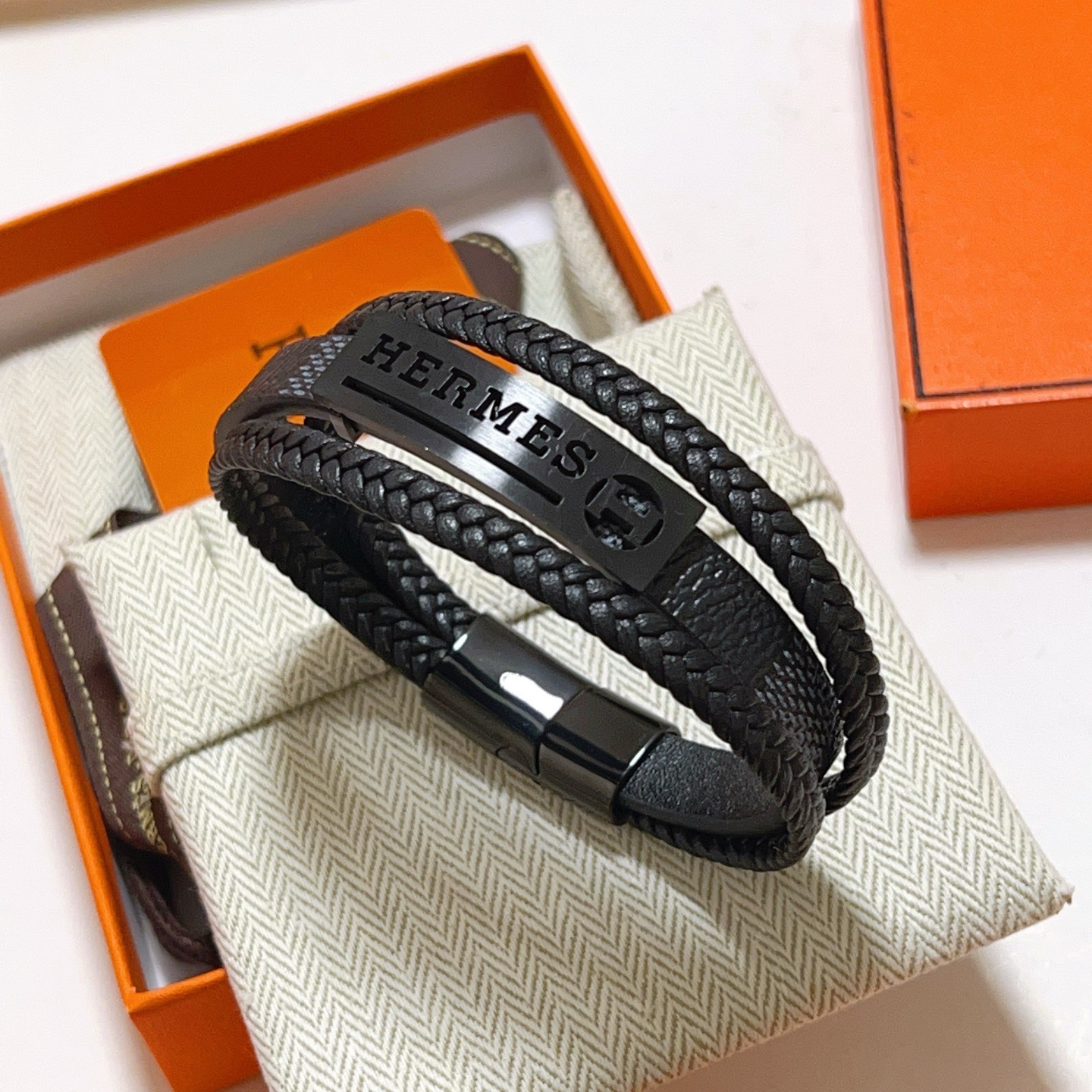 Hermes H Plaque Braided Leather Bracelet bracelet Black leather with black matte metal hardware 19cm