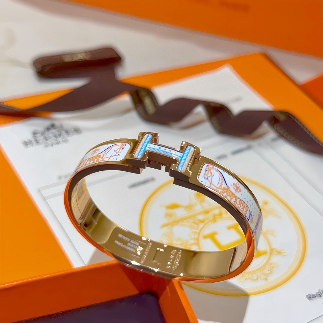 Hermes Clic H bracelet rose gold plated metal with multicolor whimsical printed white enamel PM