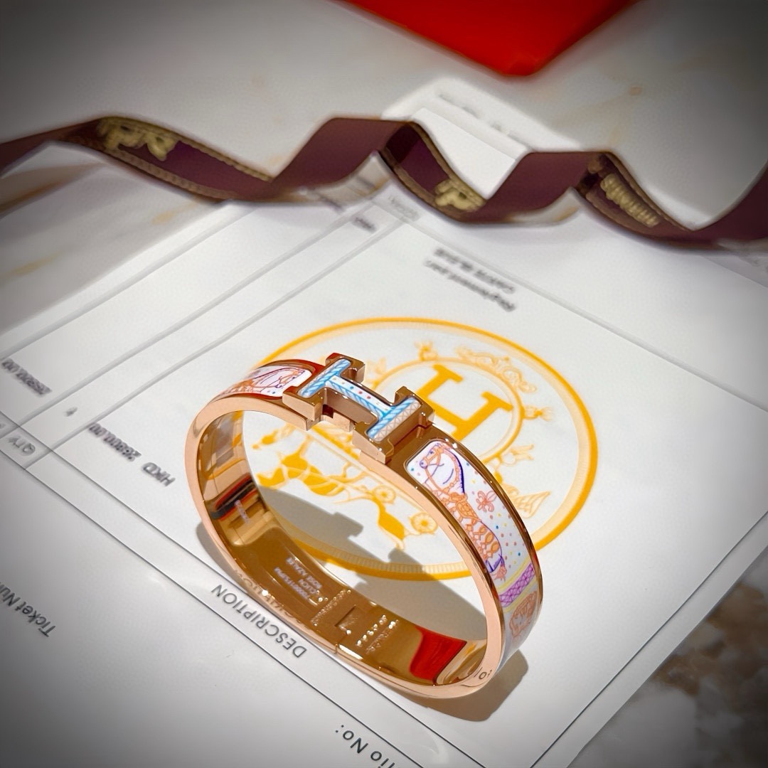 Hermes Clic H bracelet rose gold plated metal with multicolor whimsical printed white enamel PM