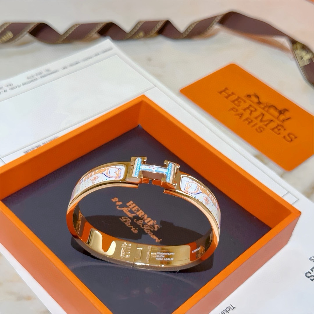 Hermes Clic H bracelet rose gold plated metal with multicolor whimsical printed white enamel PM