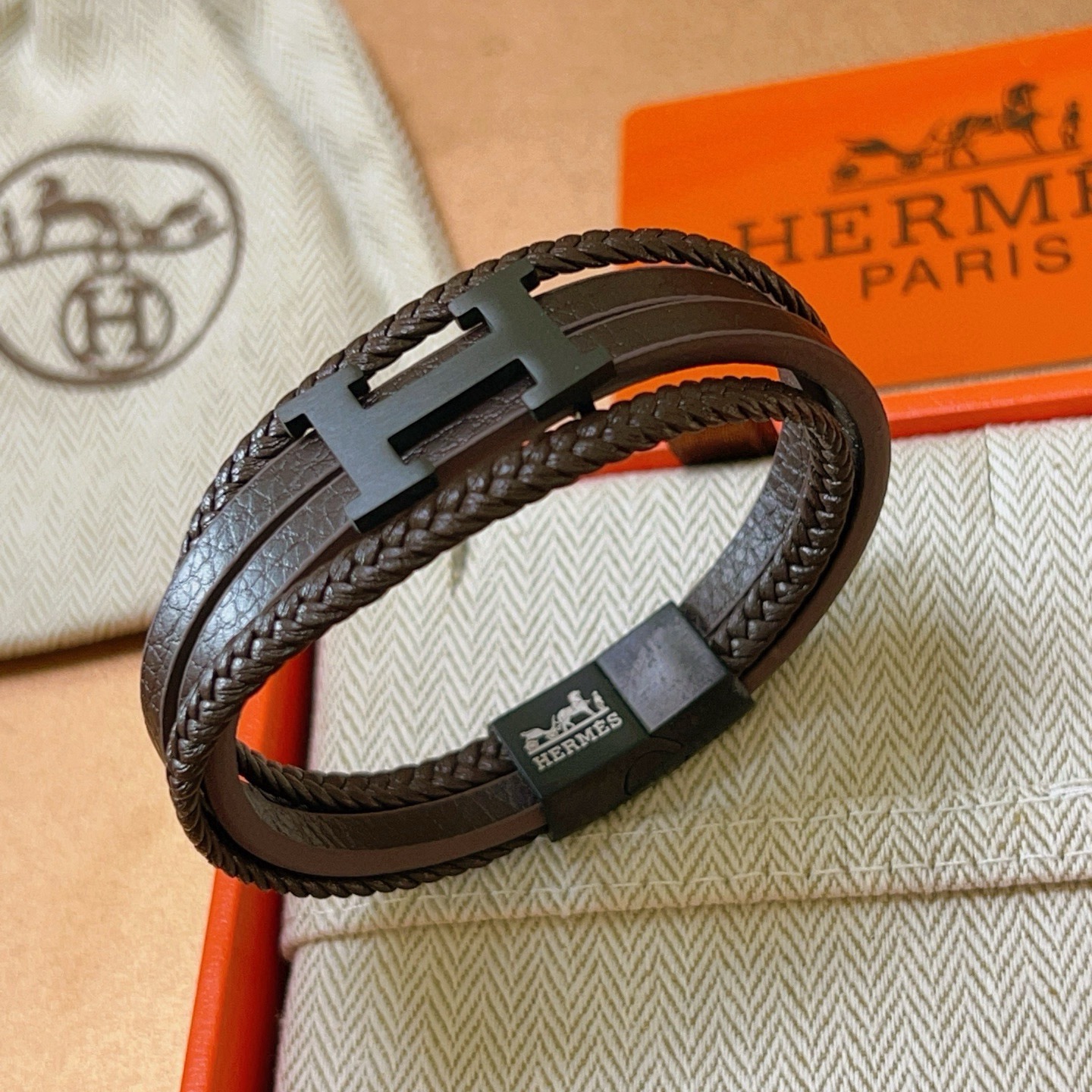 Hermes H bracelet matte black metal dark brown leather 19cm