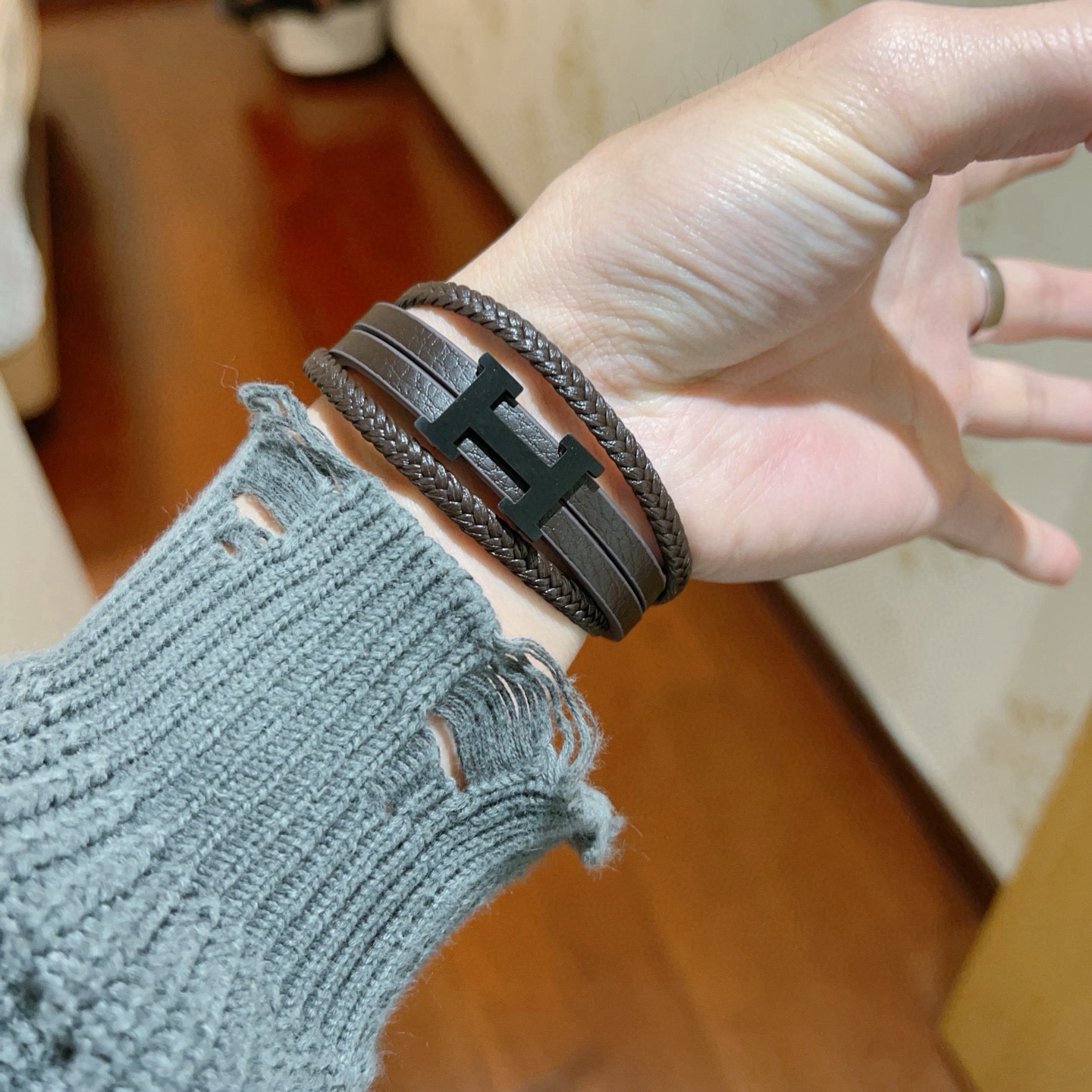 Hermes H bracelet matte black metal dark brown leather 19cm