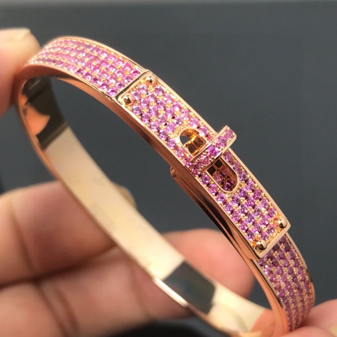 Hermes Kelly bracelet rose gold metal with pink pave gemstones 17cm inner circumference
