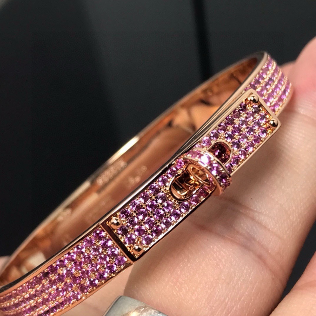 Hermes Kelly bracelet rose gold metal with pink pave gemstones 17cm inner circumference