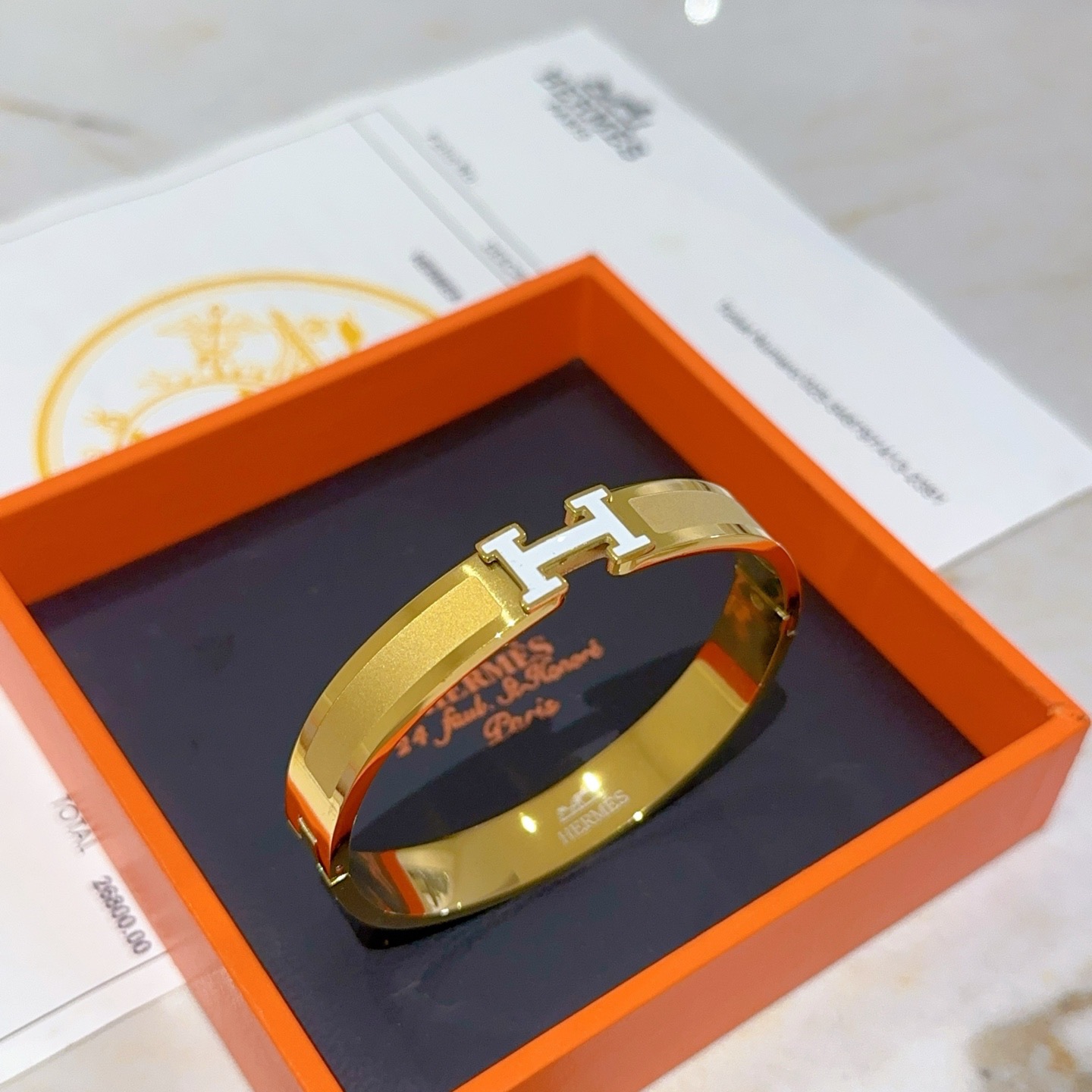 Hermes Clic H bracelet gold plated metal with white enamel PM