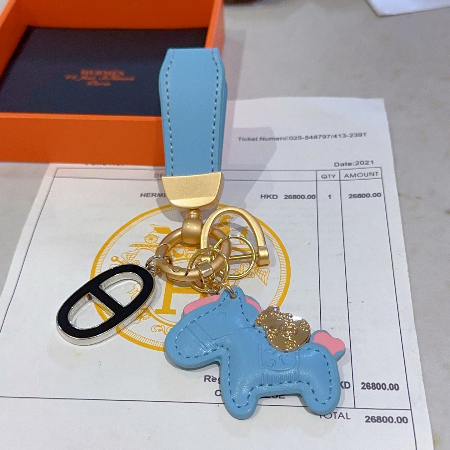 Hermes Rodeo Horse Charm Keychain pendant Light blue leather with pink accents matte gold hardware black and silver Chaine d Ancre charm 10cm total length