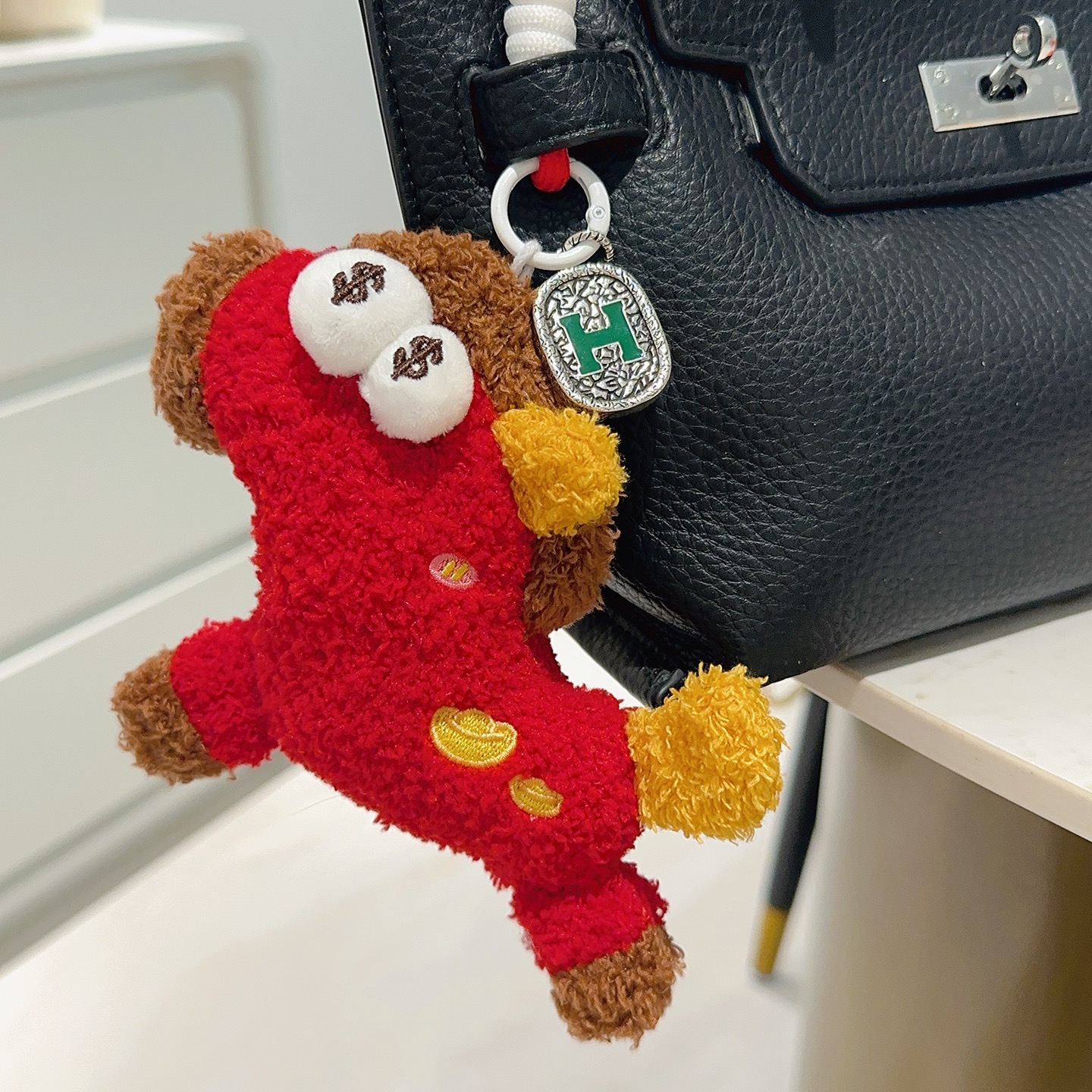 Hermes H Logo Plush Charm pendant Red plush with brown yellow white fabric accents silver-toned metal with green enamel H detail 12cm