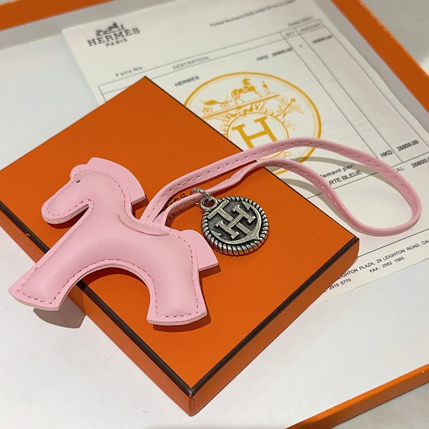 Hermes Rodeo Pegase Horse Bag Charm pendant Sakura pink leather antique silver-tone metal 12cm strap length