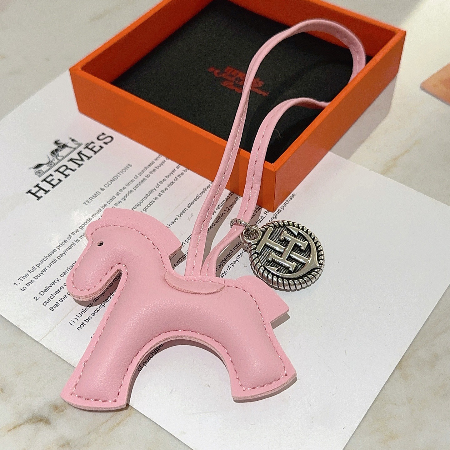 Hermes Rodeo Pegase Horse Bag Charm pendant Sakura pink leather antique silver-tone metal 12cm strap length