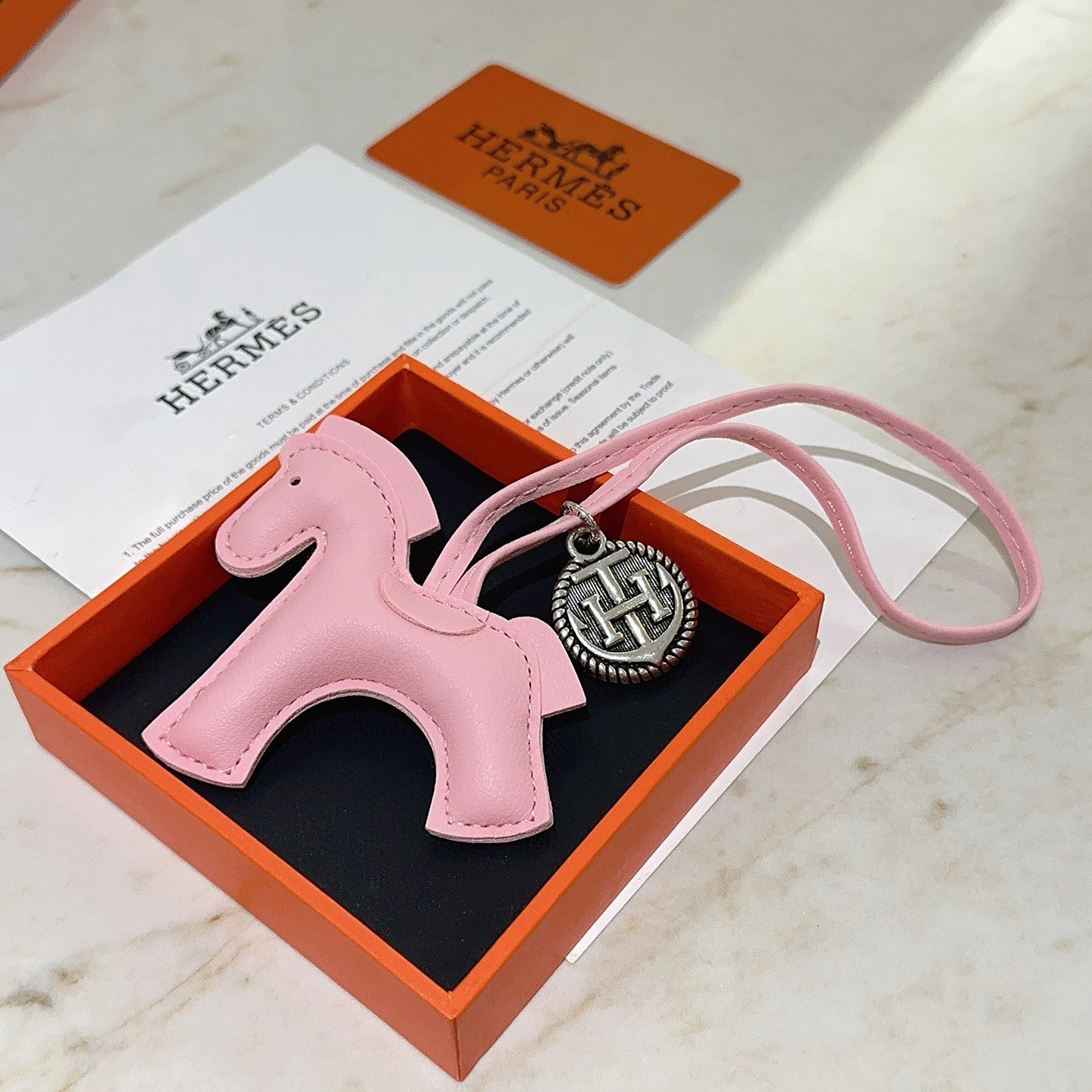 Hermes Rodeo Pegase Horse Bag Charm pendant Sakura pink leather antique silver-tone metal 12cm strap length