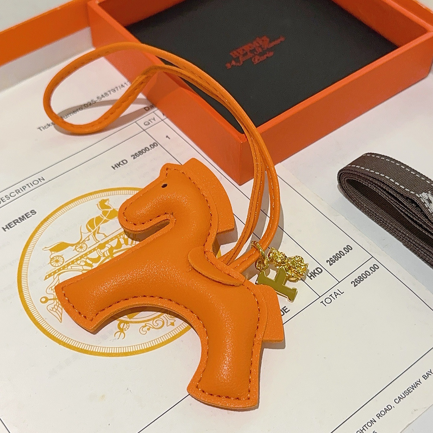 Hermes Rodeo Horse Bag Charm pingente Couro laranja com ferragens de metal dourado 8 cm