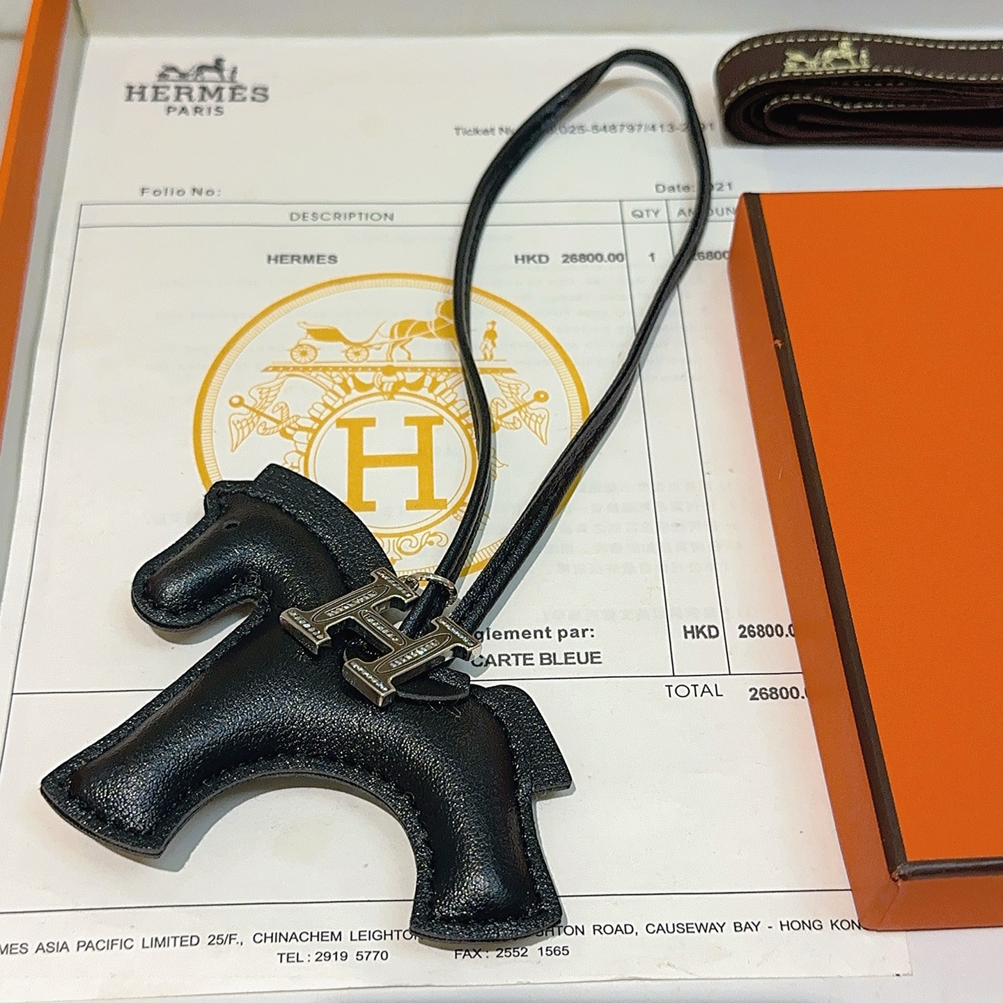 Hermes Rodeo H Charm pendant black leather silver-tone metal with clear crystal accents 80cm