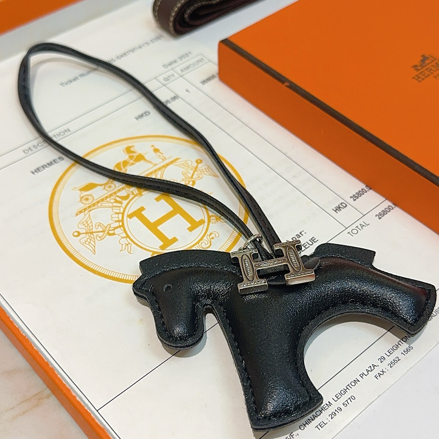 Hermes Rodeo H Charm pendant black leather silver-tone metal with clear crystal accents 80cm
