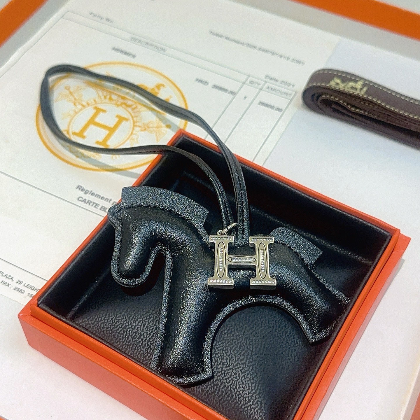 Hermes Rodeo H Charm pendant black leather silver-tone metal with clear crystal accents 80cm
