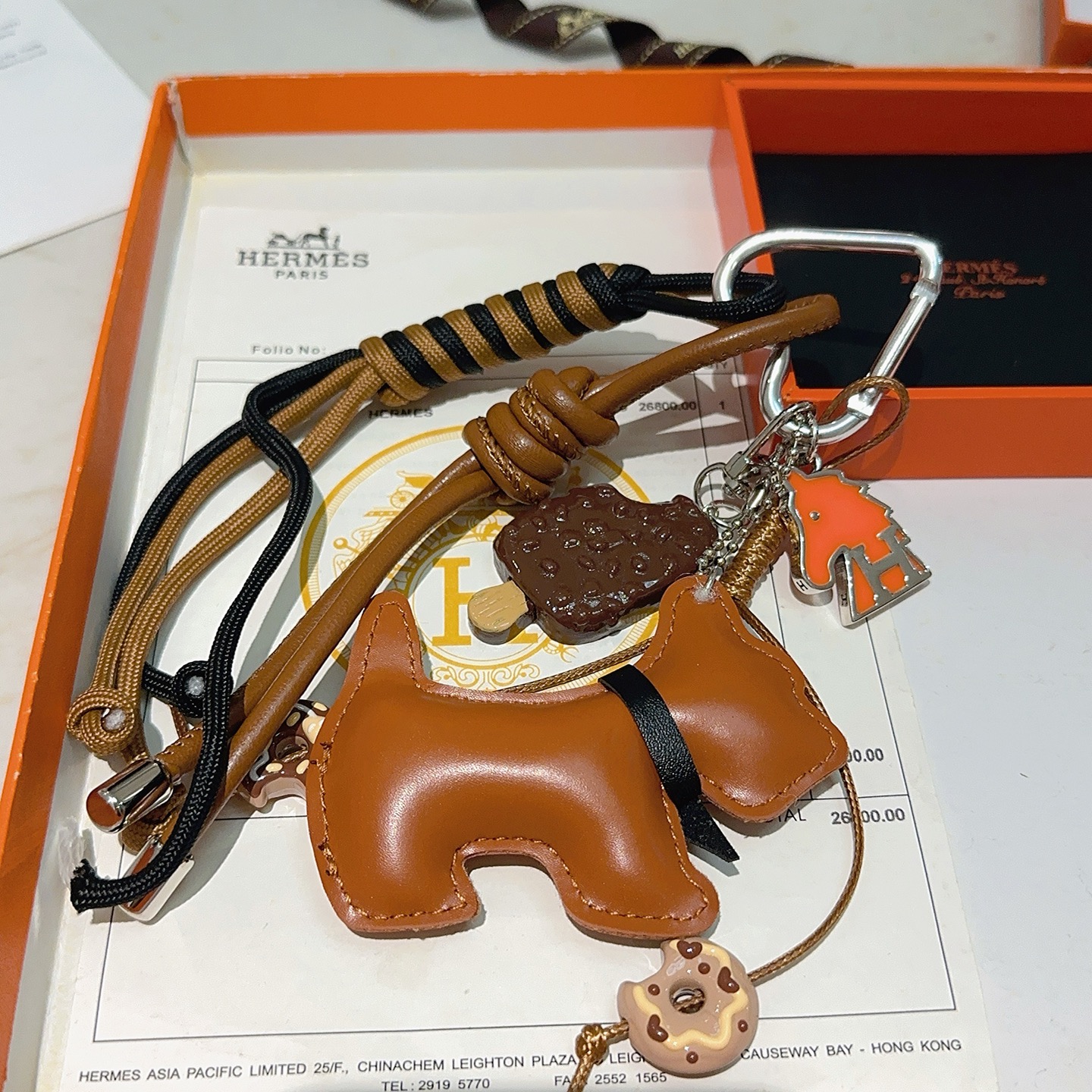 Hermes Buddy Dog Charm Keychain pendant Silver metal tan leather black and tan cord orange enamel brown enamel beige enamel 12cm total length