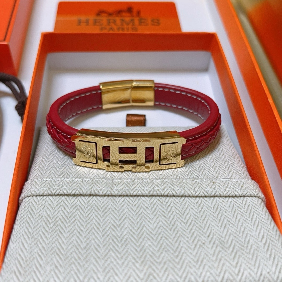 Bracelet Hermes H Series Métal plaqué or cuir tressé rouge T2