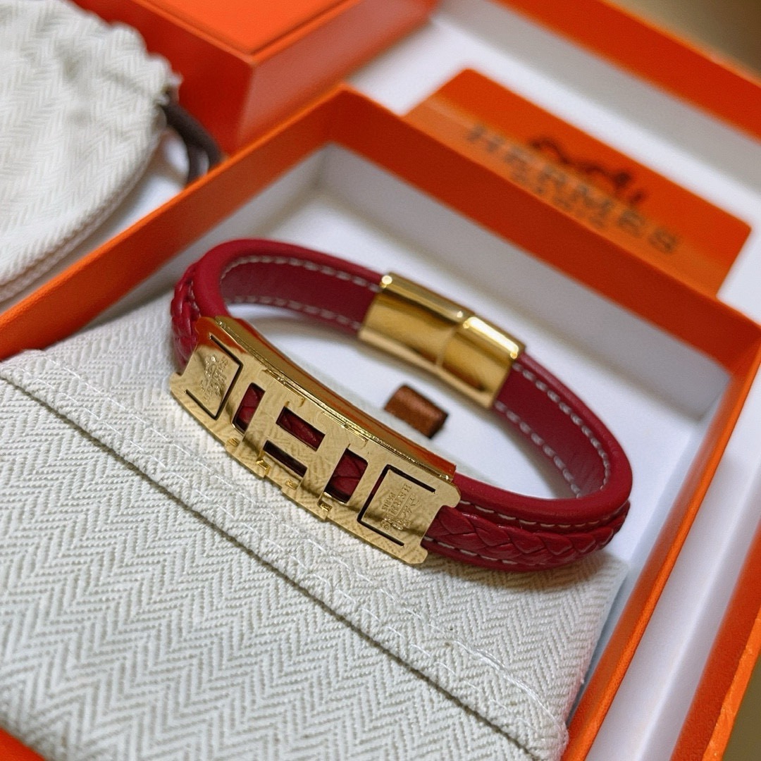 Bracelet Hermes H Series Métal plaqué or cuir tressé rouge T2
