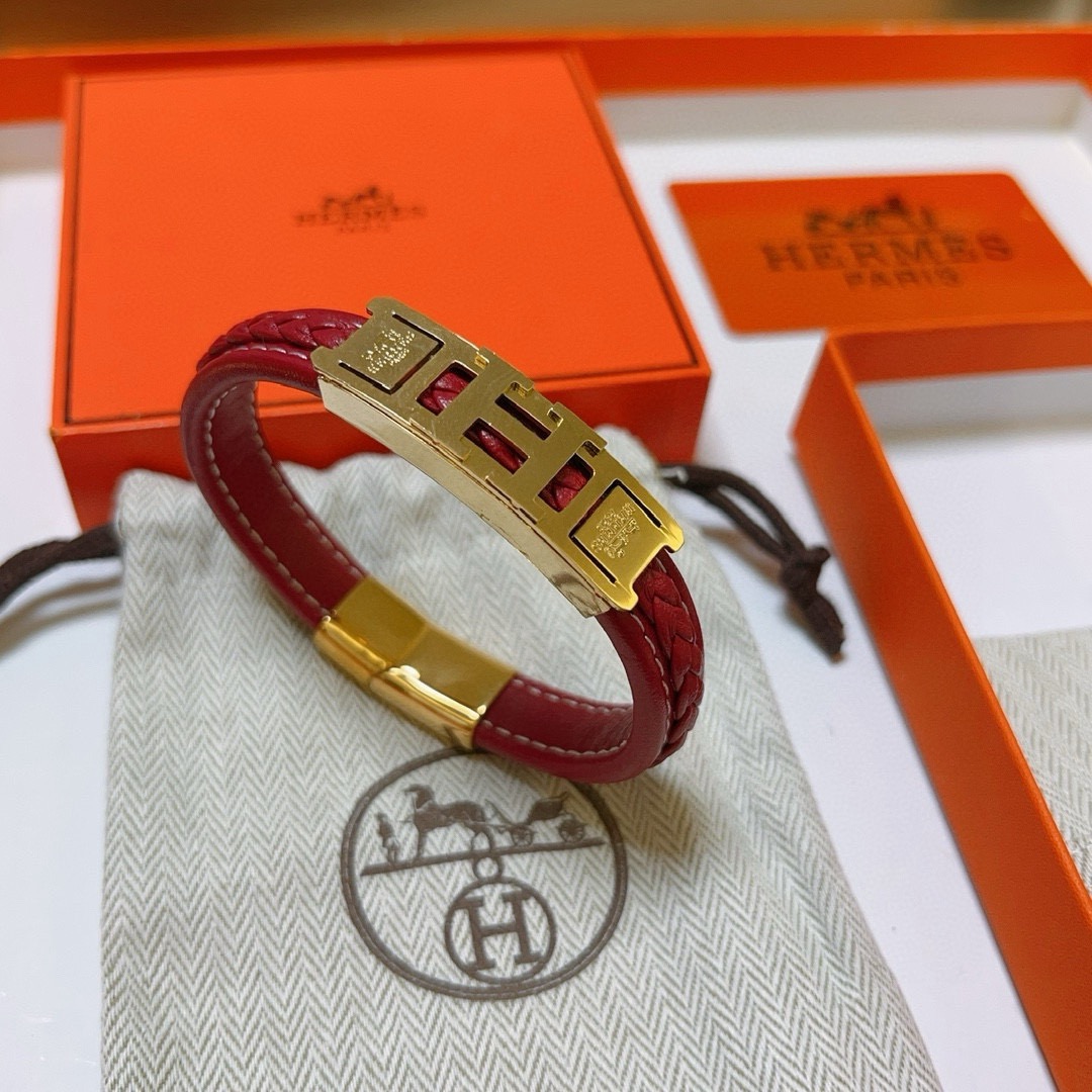 Bracelet Hermes H Series Métal plaqué or cuir tressé rouge T2