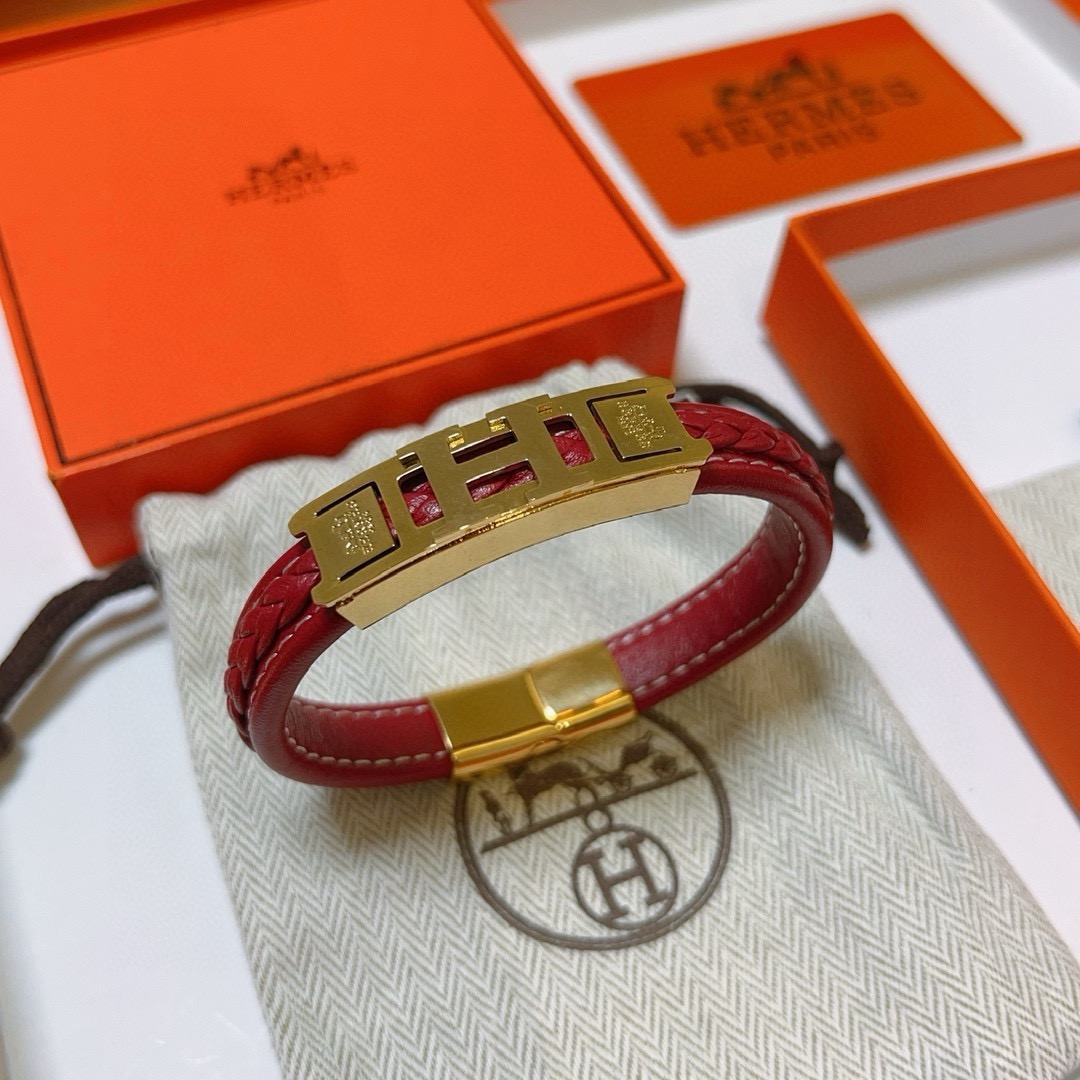 Bracelet Hermes H Series Métal plaqué or cuir tressé rouge T2