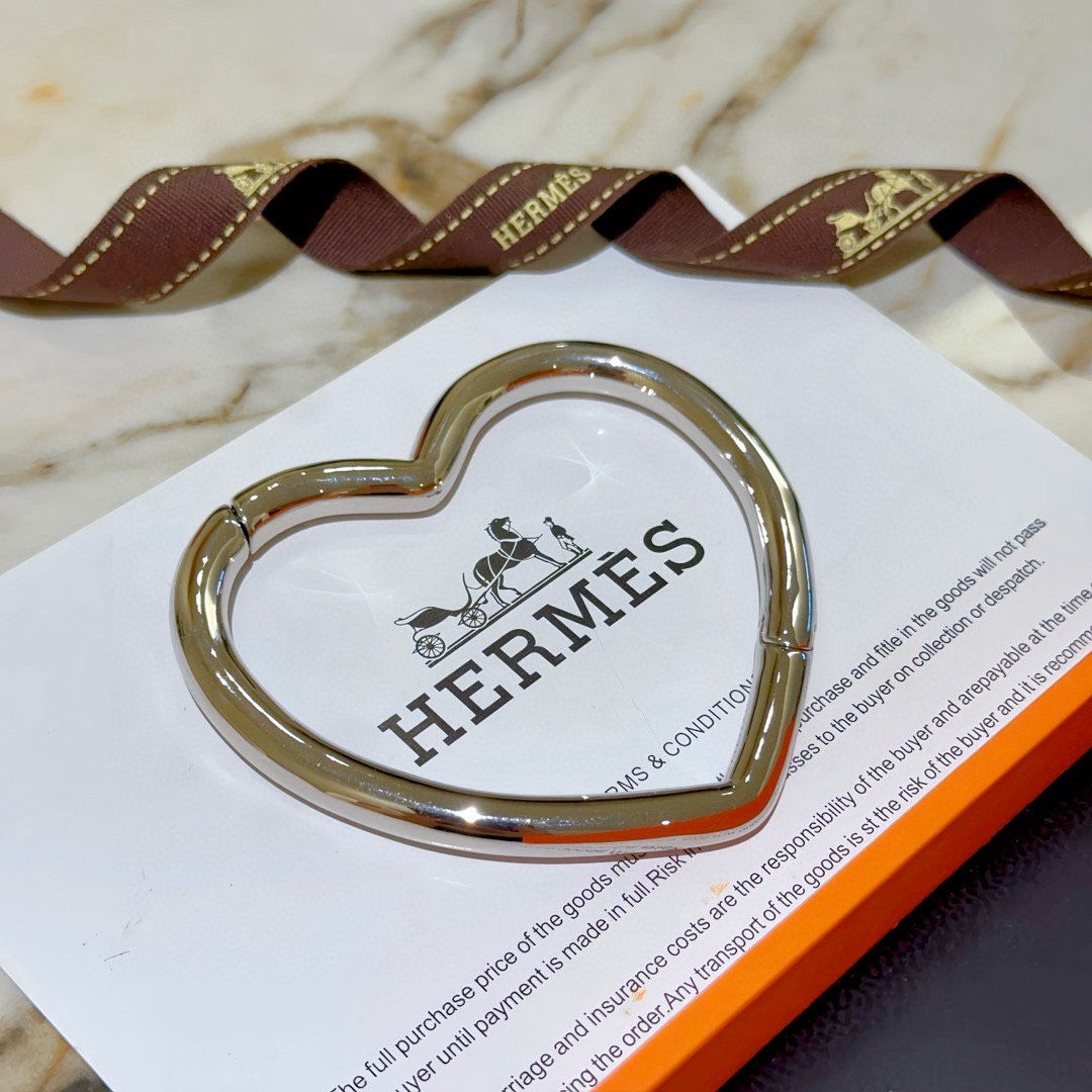 Hermes Heart Bangle bracelet silver-toned metal no gemstones 17cm inner circumference