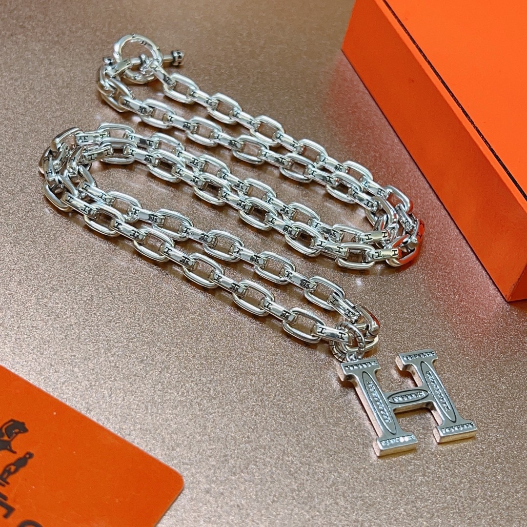 Hermes H Logo Pendant Chain necklace Silver-toned metal with clear diamond-like stone accents on H pendant 60cm