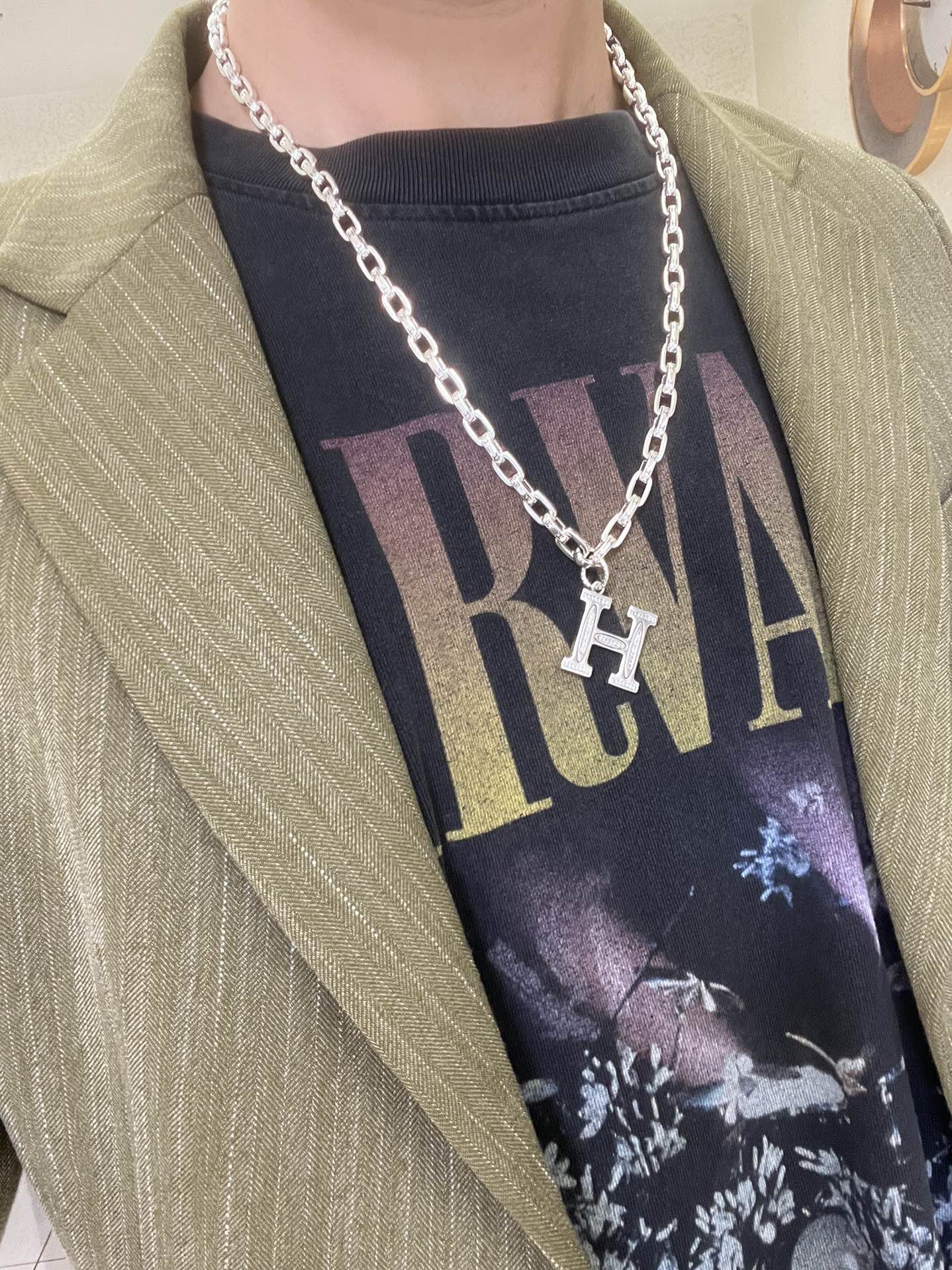 Hermes H Logo Pendant Chain necklace Silver-toned metal with clear diamond-like stone accents on H pendant 60cm