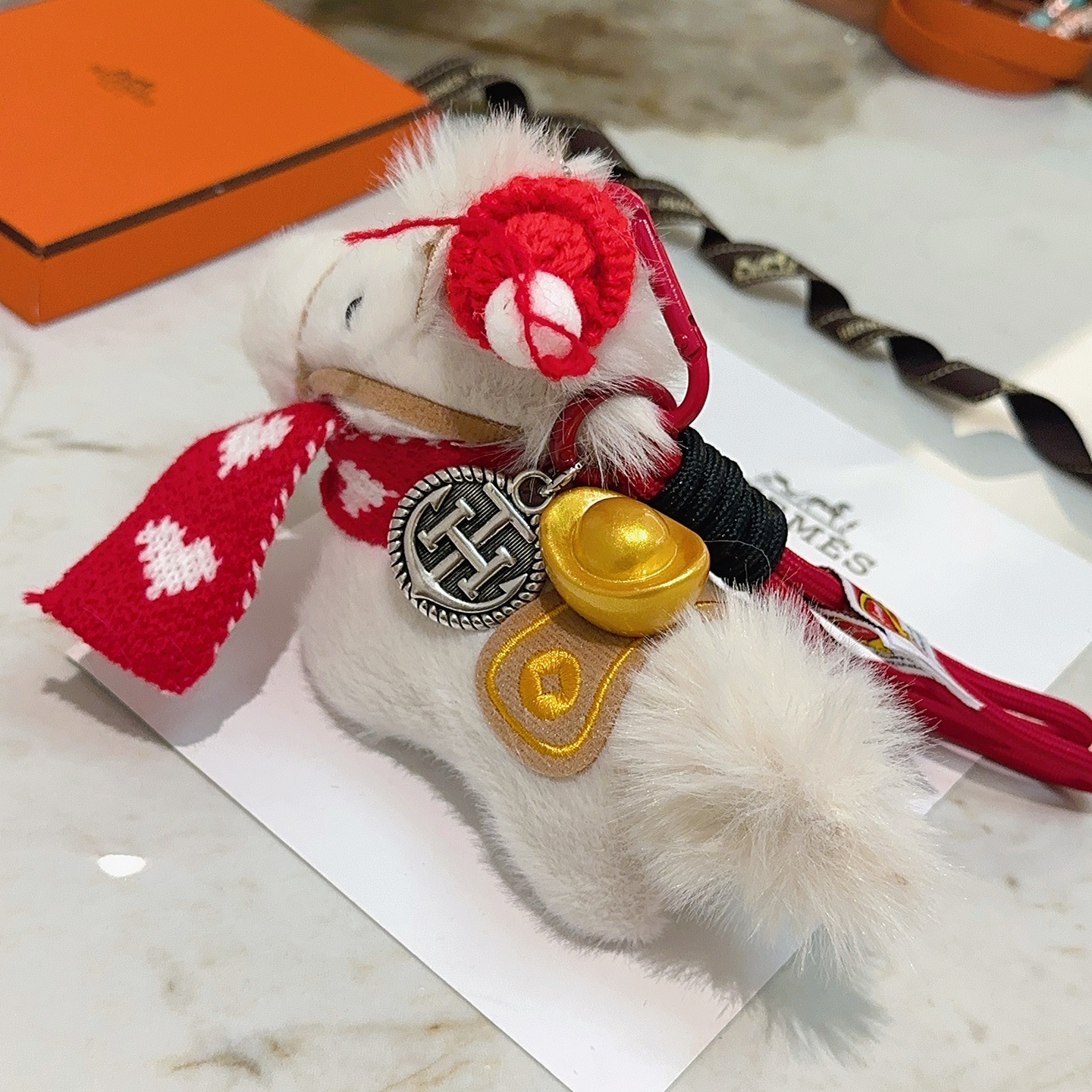 Hermes Giddy Horse Charm pendant white plush red knit fabric antique silver-tone metal gold-tone metal tan fabric 12cm total strap length