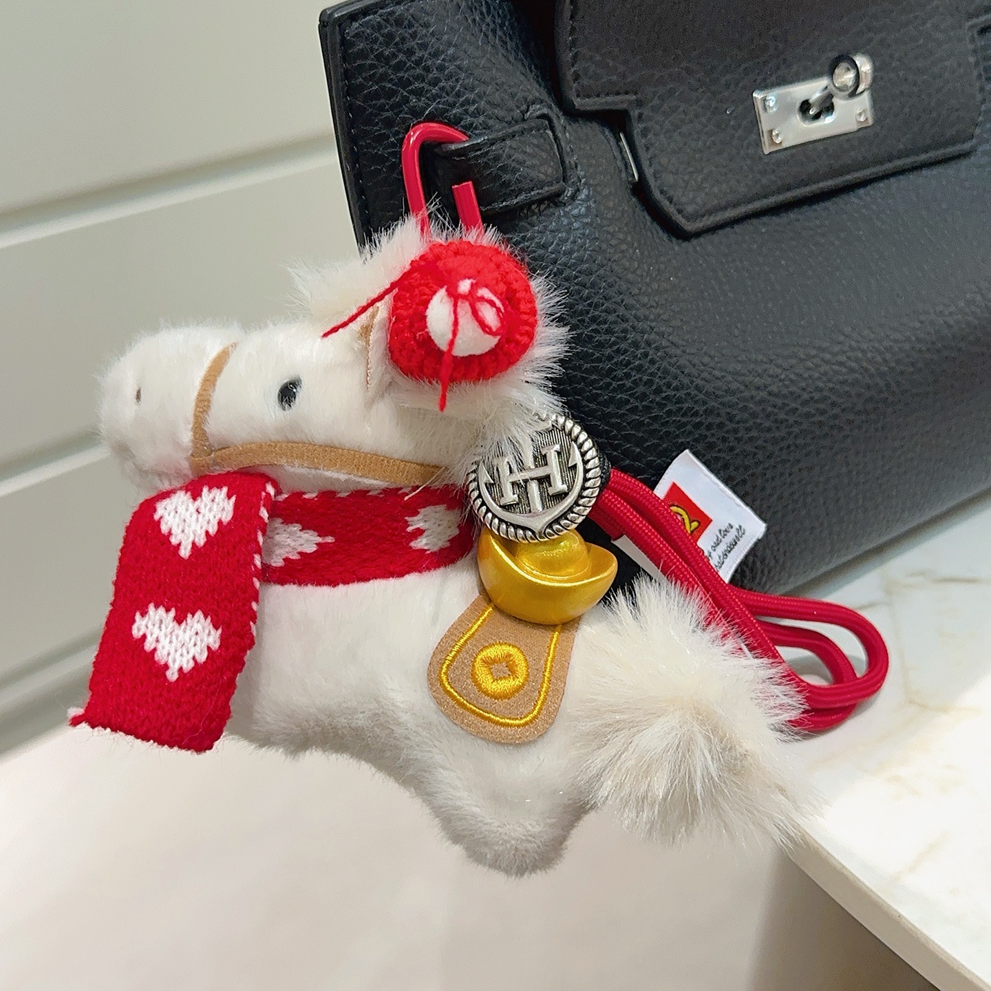 Hermes Giddy Horse Charm pendant white plush red knit fabric antique silver-tone metal gold-tone metal tan fabric 12cm total strap length