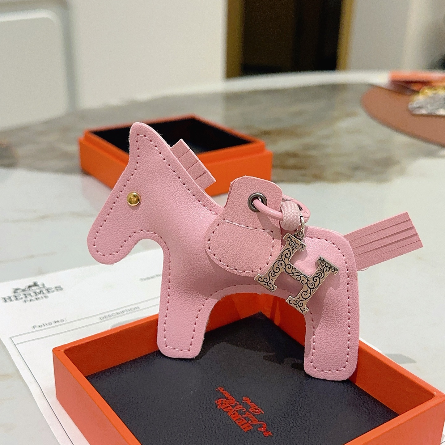 Hermes Rodeo Horse Charm pendant Sakura pink leather with silver-tone engraved H charm gold-tone eye stud 12cm