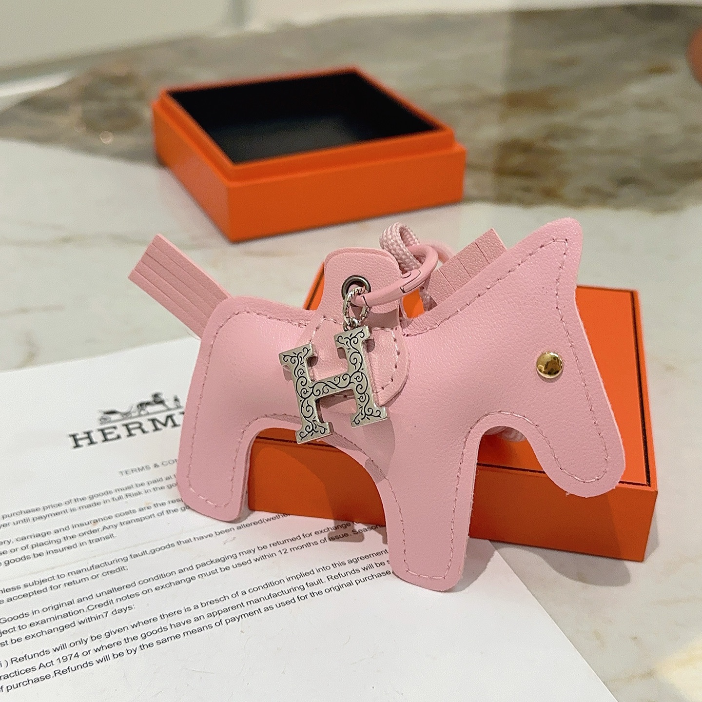Hermes Rodeo Horse Charm pendant Sakura pink leather with silver-tone engraved H charm gold-tone eye stud 12cm