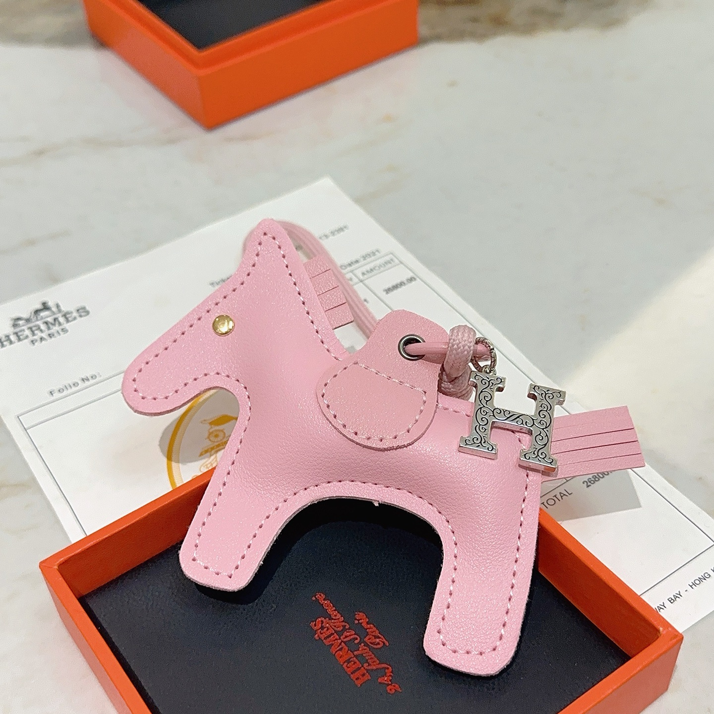 Hermes Rodeo Horse Charm pendant Sakura pink leather with silver-tone engraved H charm gold-tone eye stud 12cm
