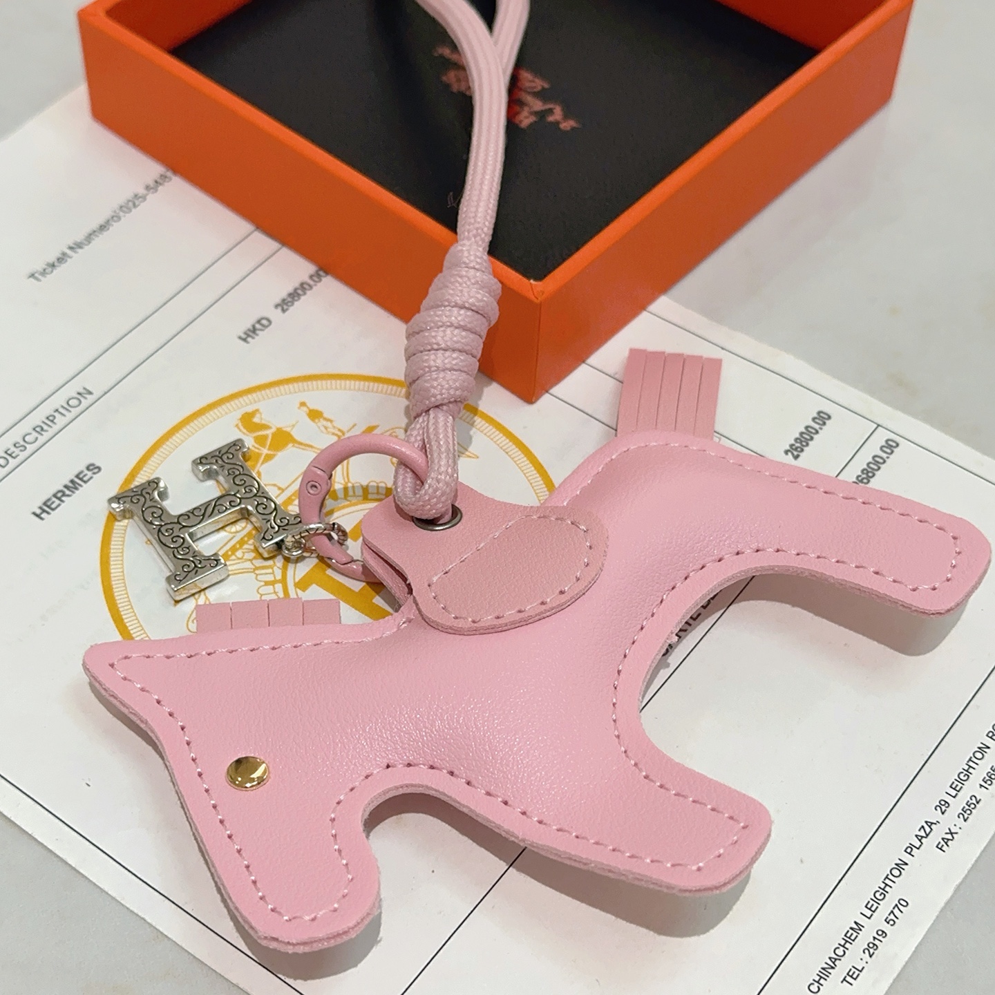 Hermes Rodeo Horse Charm pendant Sakura pink leather with silver-tone engraved H charm gold-tone eye stud 12cm