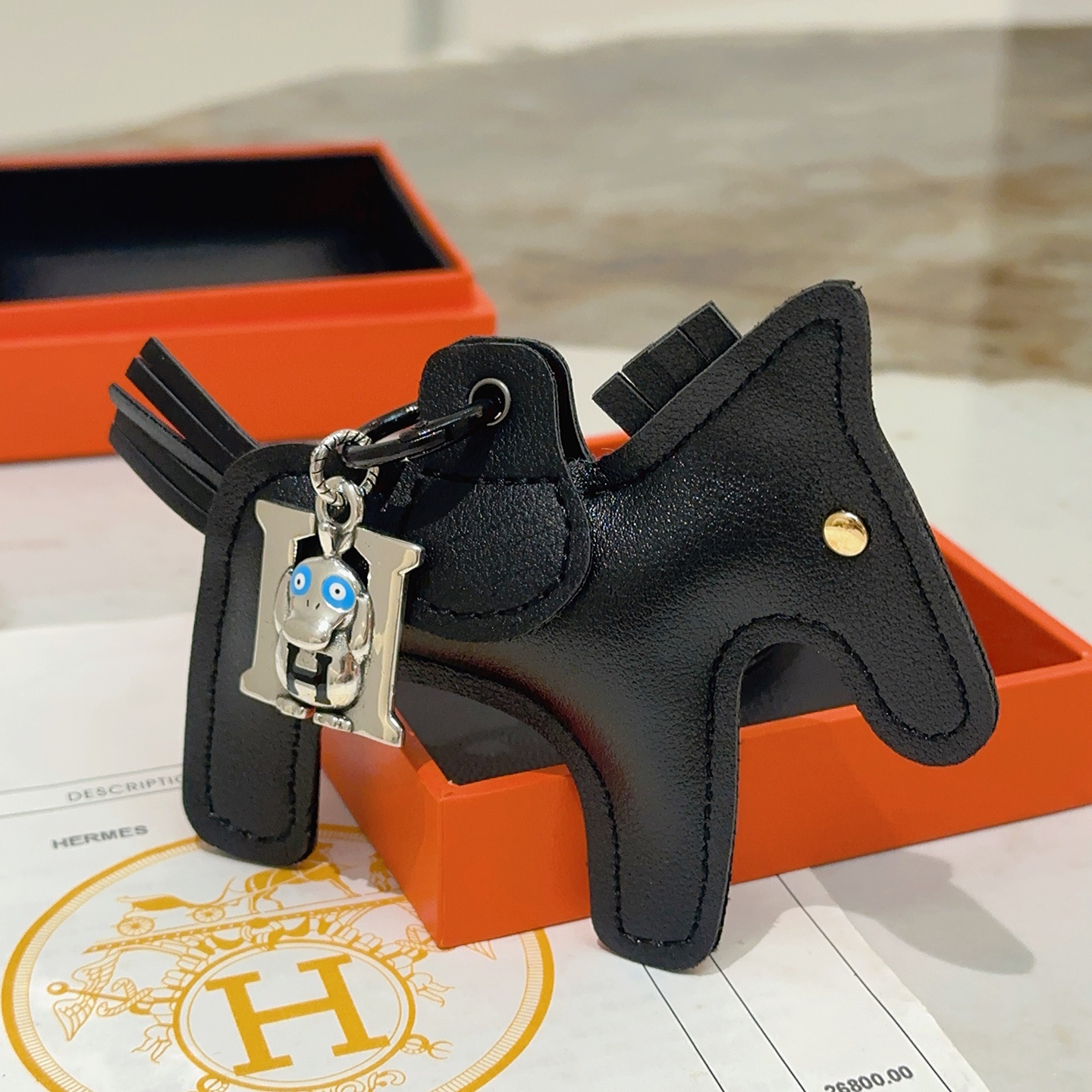 Hermes Rodeo Monkey H Bag Charm Keychain pendant Black leather silver-tone metal blue enamel gold-tone metal accent 8cm