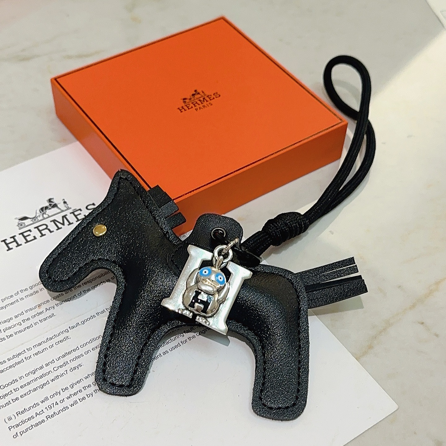 Hermes Rodeo Monkey H Bag Charm Keychain pendant Black leather silver-tone metal blue enamel gold-tone metal accent 8cm