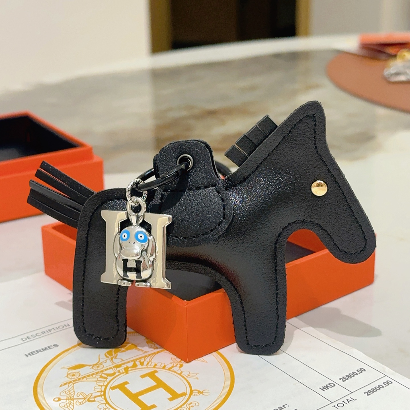 Hermes Rodeo Monkey H Bag Charm Keychain pendant Black leather silver-tone metal blue enamel gold-tone metal accent 8cm