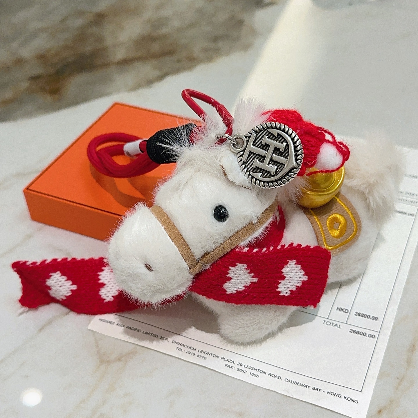 Hermes Festive Horse Charm pendant white plush red knit silver-tone metal gold-tone accent tan trim 12cm